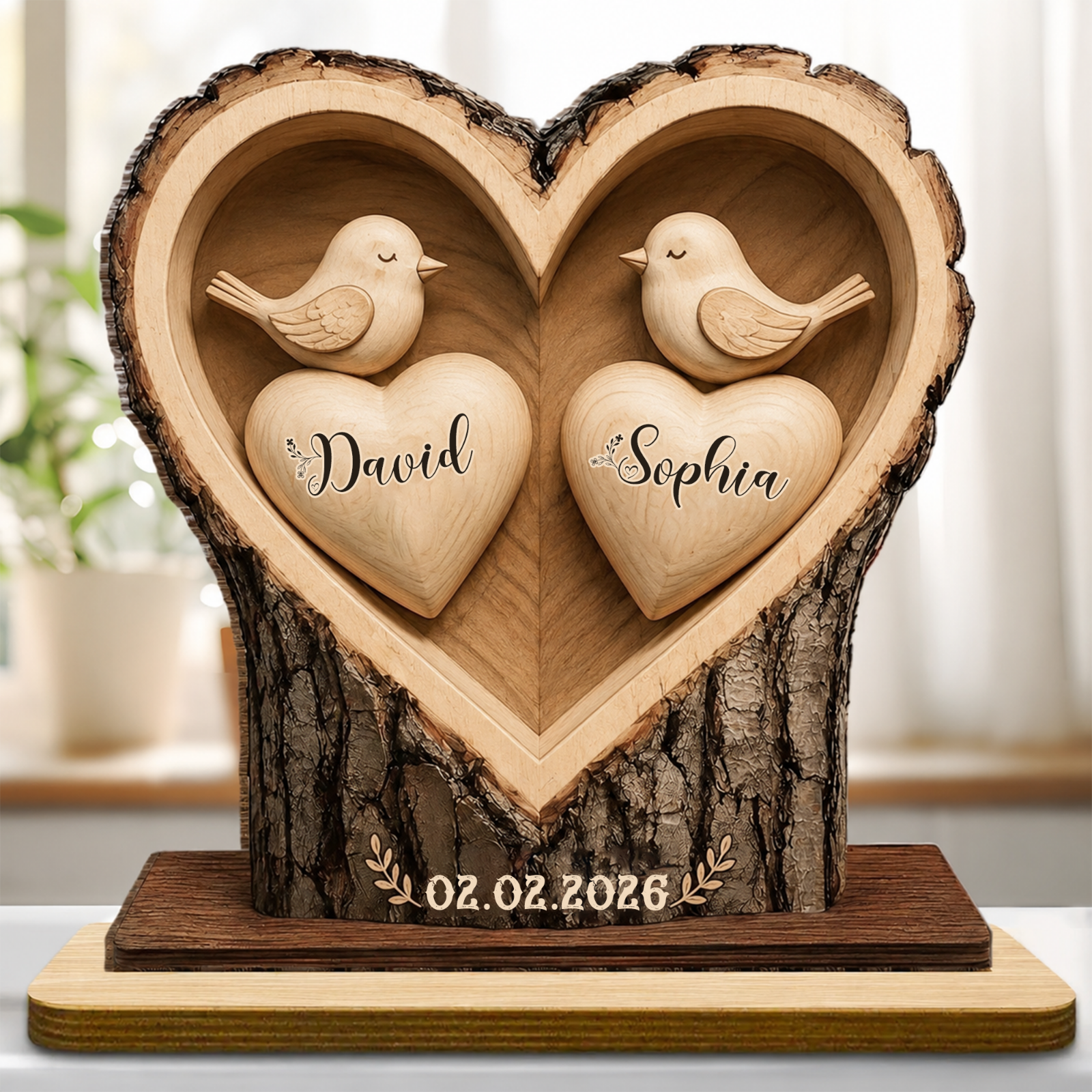 Celebrate Lasting Love, Personalized Birds In Heart Wood Plaque, Gift For Couples