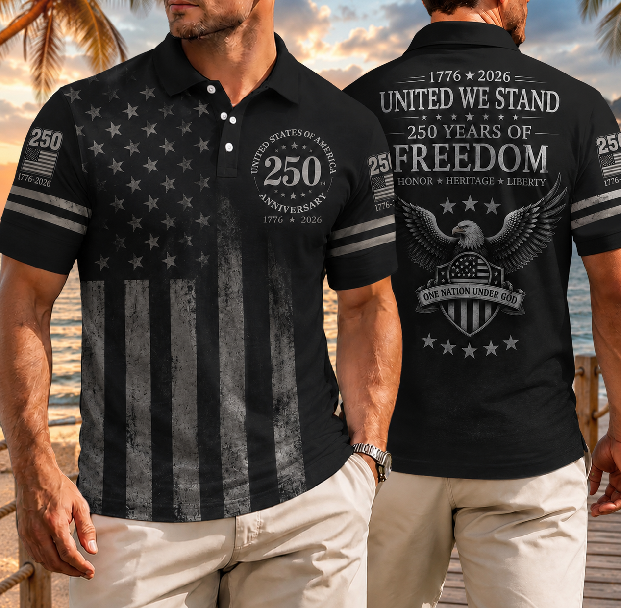 Usa 250th Anniversary Patriotic Golf Polo Shirt, America 250 Years Of Freedom Aop Polo Shirt