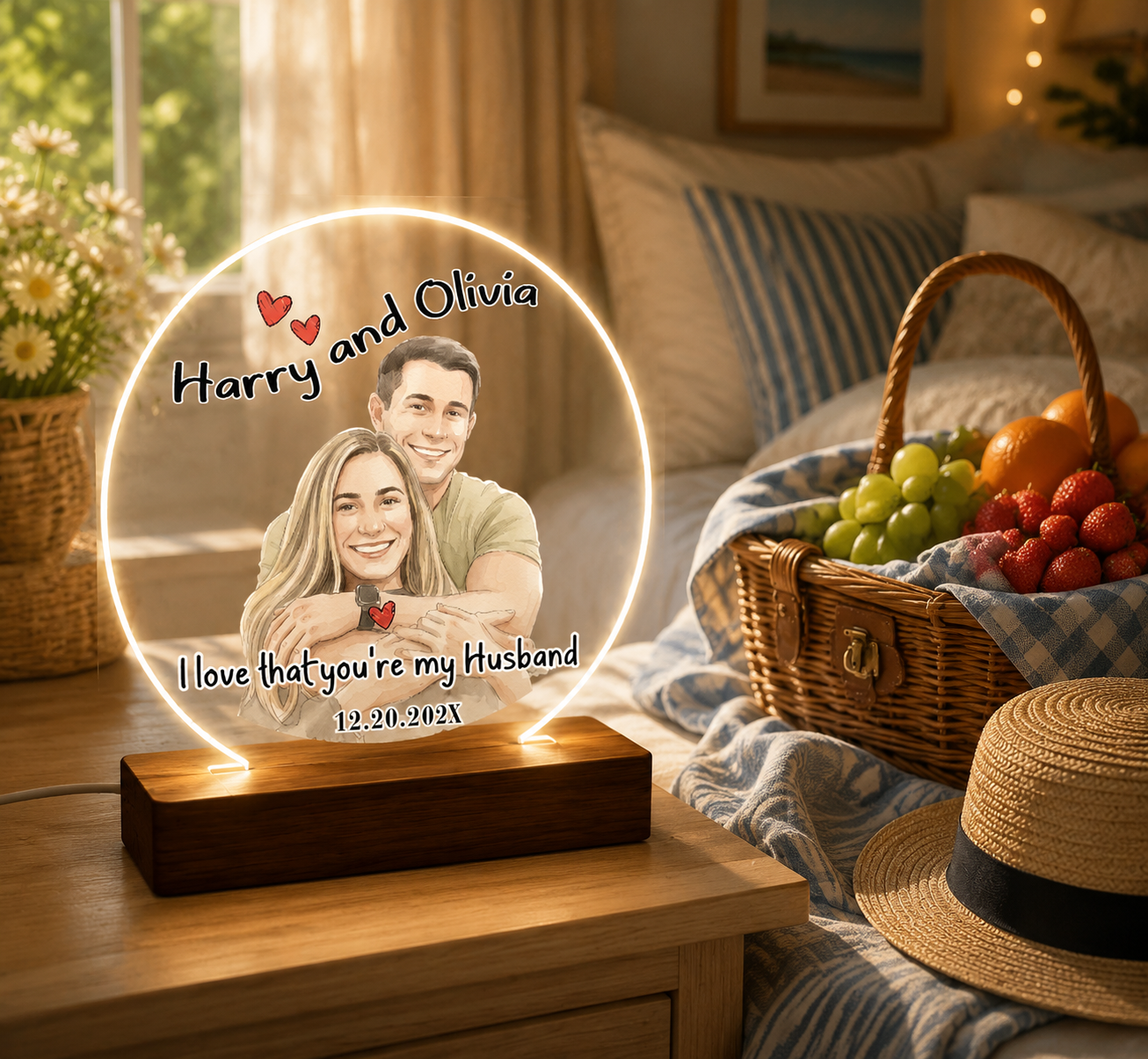 Personalized Couple Photo Acrylic Night Light, Custom Watercolor Picture Led Lamp, Anniversary Gift