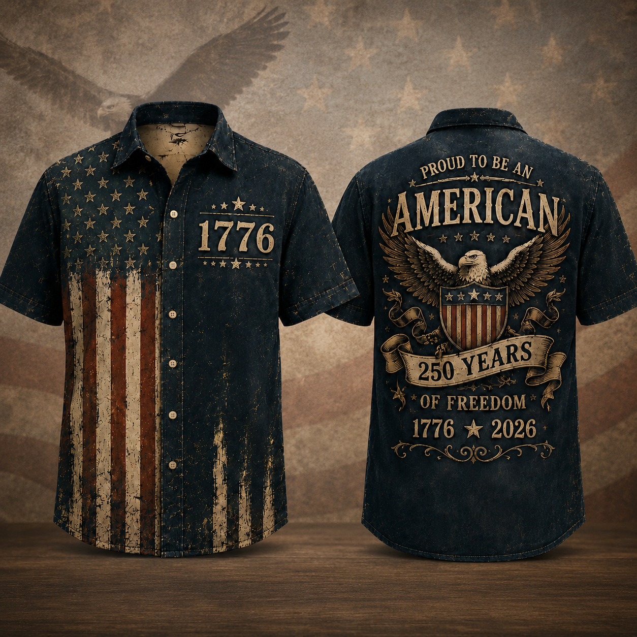 Vintage 250 Years American Flag Hawaiian Shirt, 1776–2026 Patriotic Eagle Shirt, Usa Freedom Aop Hawaii Shirt