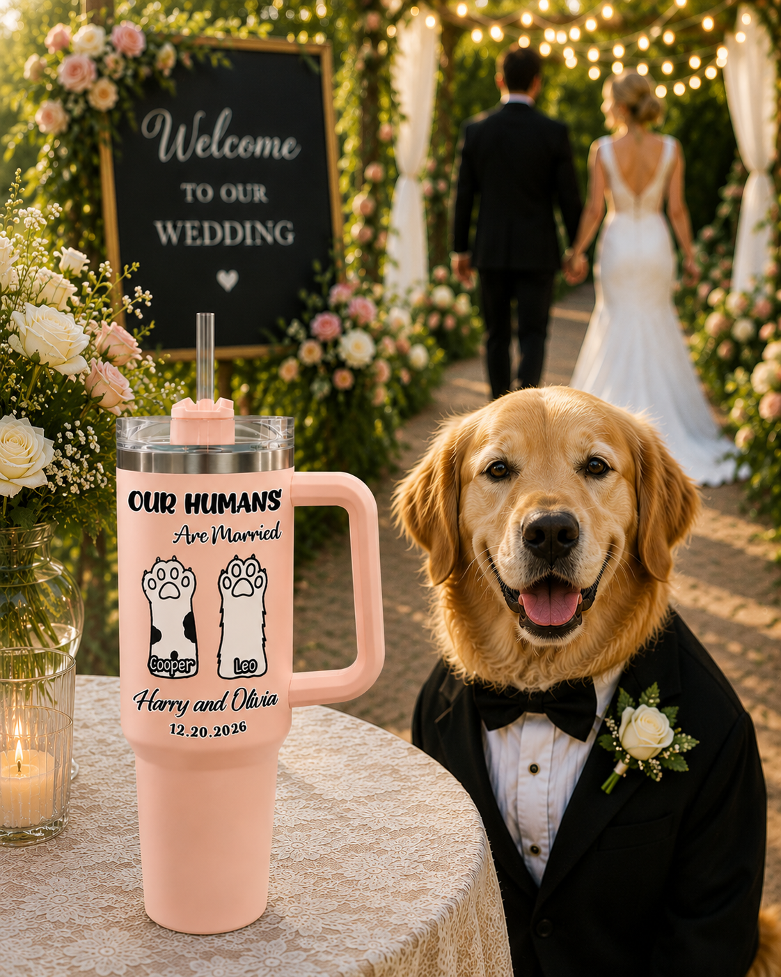 Personalized "Our Humans Are Married" 40oz Tumbler, Custom Pet Paws Travel Tumbler With Handle & Straw
