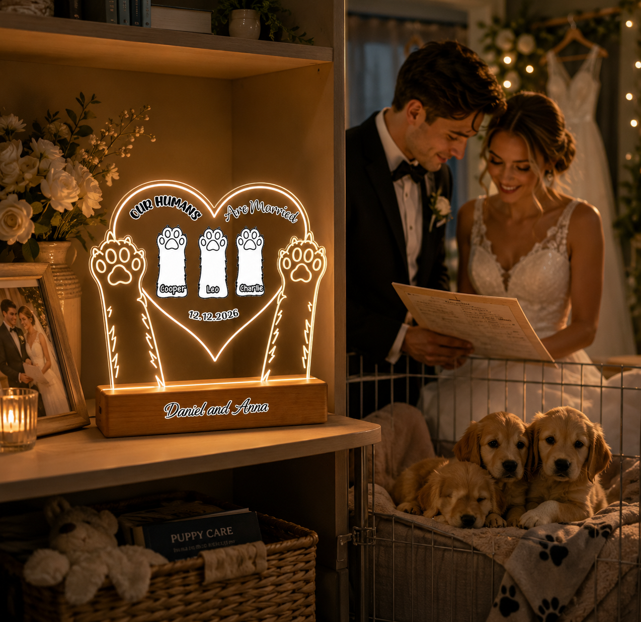 Personalized "Our Humans Are Married" Acrylic Night Light, Custom Pet Paws Led Lamp