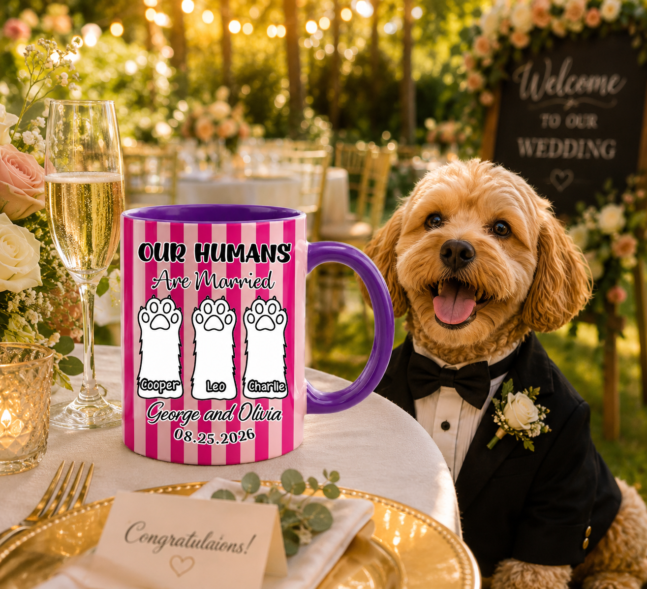 Personalized "Our Humans Are Married" Stripe Ceramic Mug, Custom Pet Paws Coffee Cup, Wedding Gift 11oz 15oz