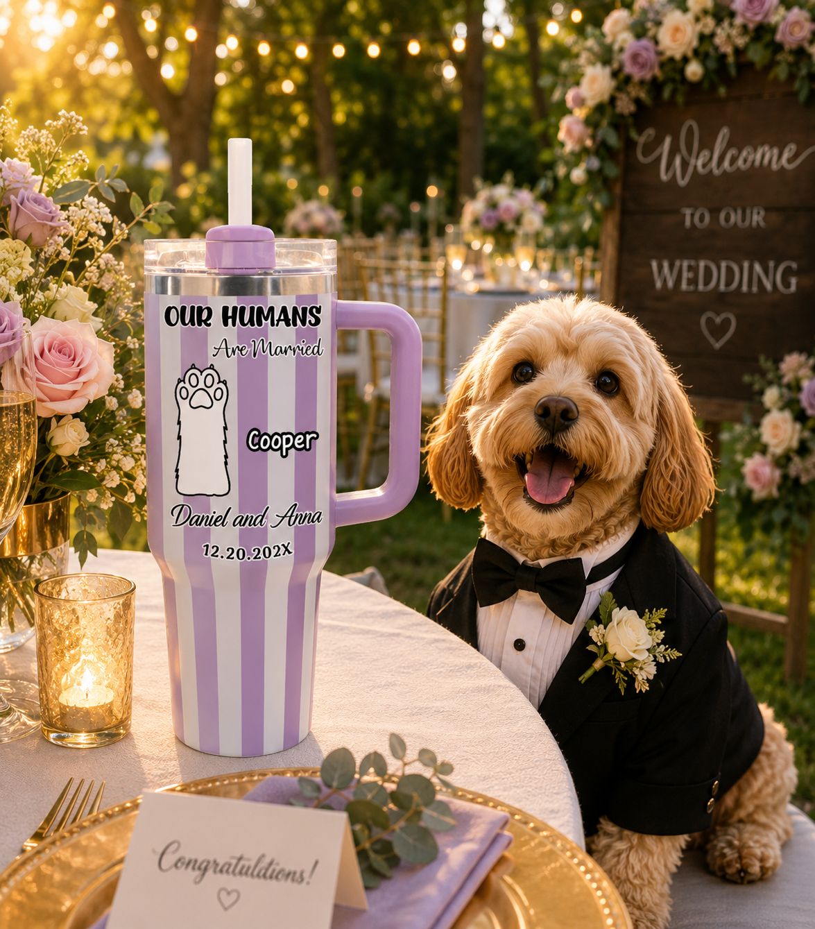 Personalized "Our Humans Are Married" Stripe 40oz Tumbler, Custom Pet Paws Travel Tumbler With Handle & Straw