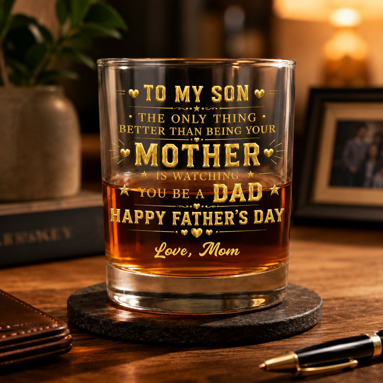 To My Son Mother To Dad Hearts, Personalized Whiskey Glass, Gift For Son