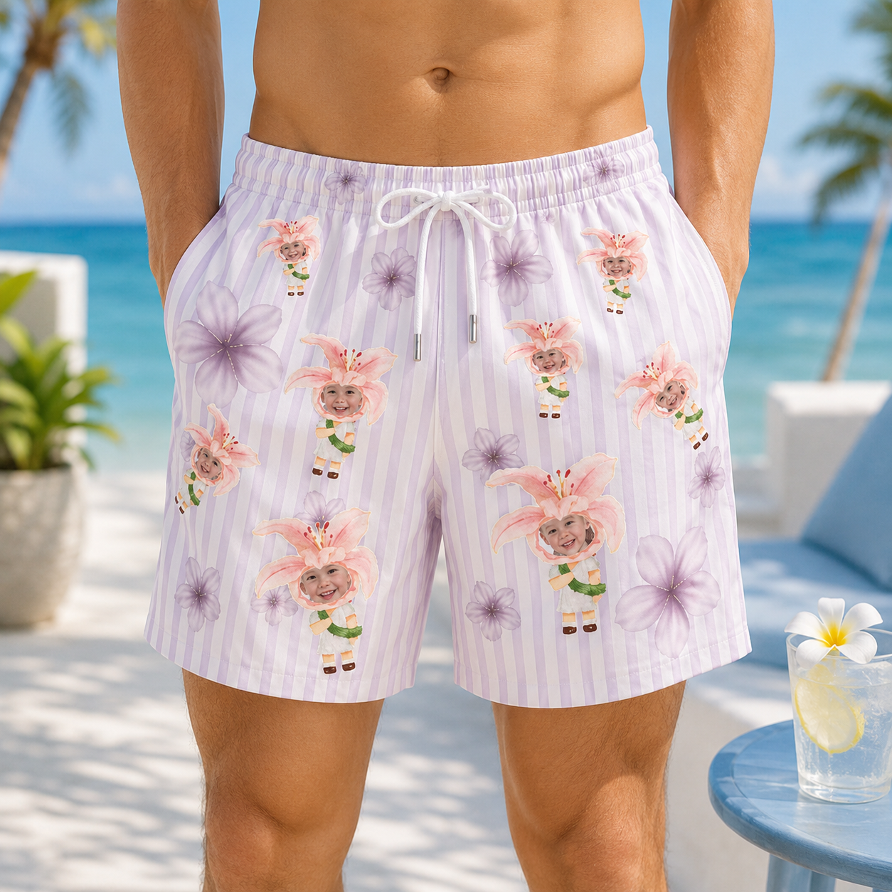 Personalized "Purple Lily Striped" Swim Shorts
