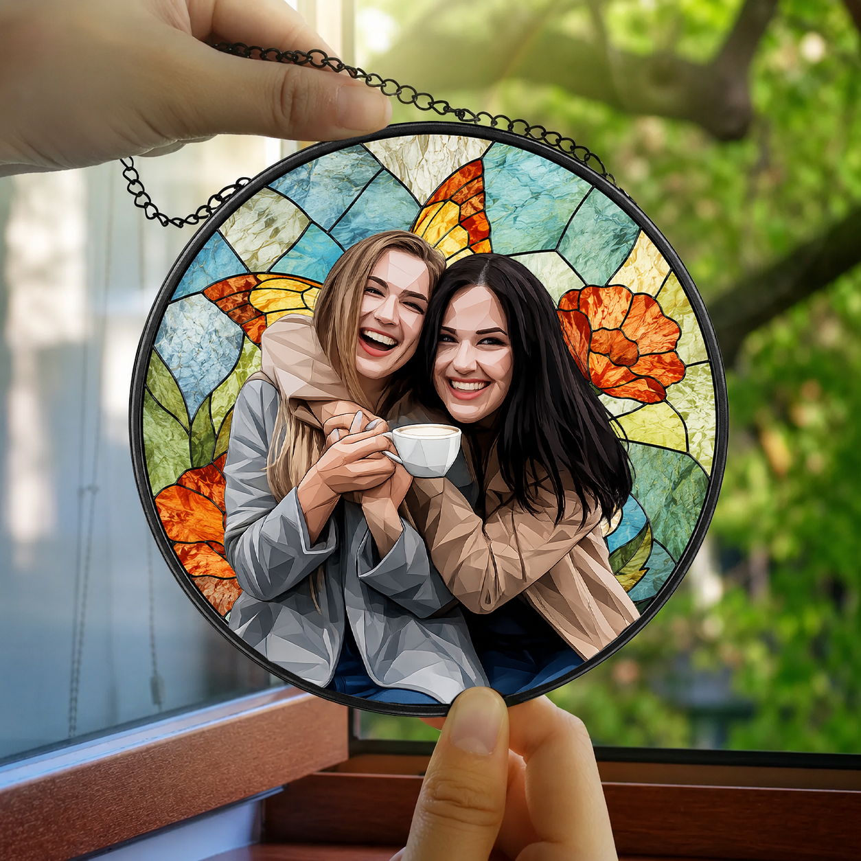 Custom Photo Portrait Mom Grandma Parents Family - Personalized Stained Glass Window Hanging Suncatcher