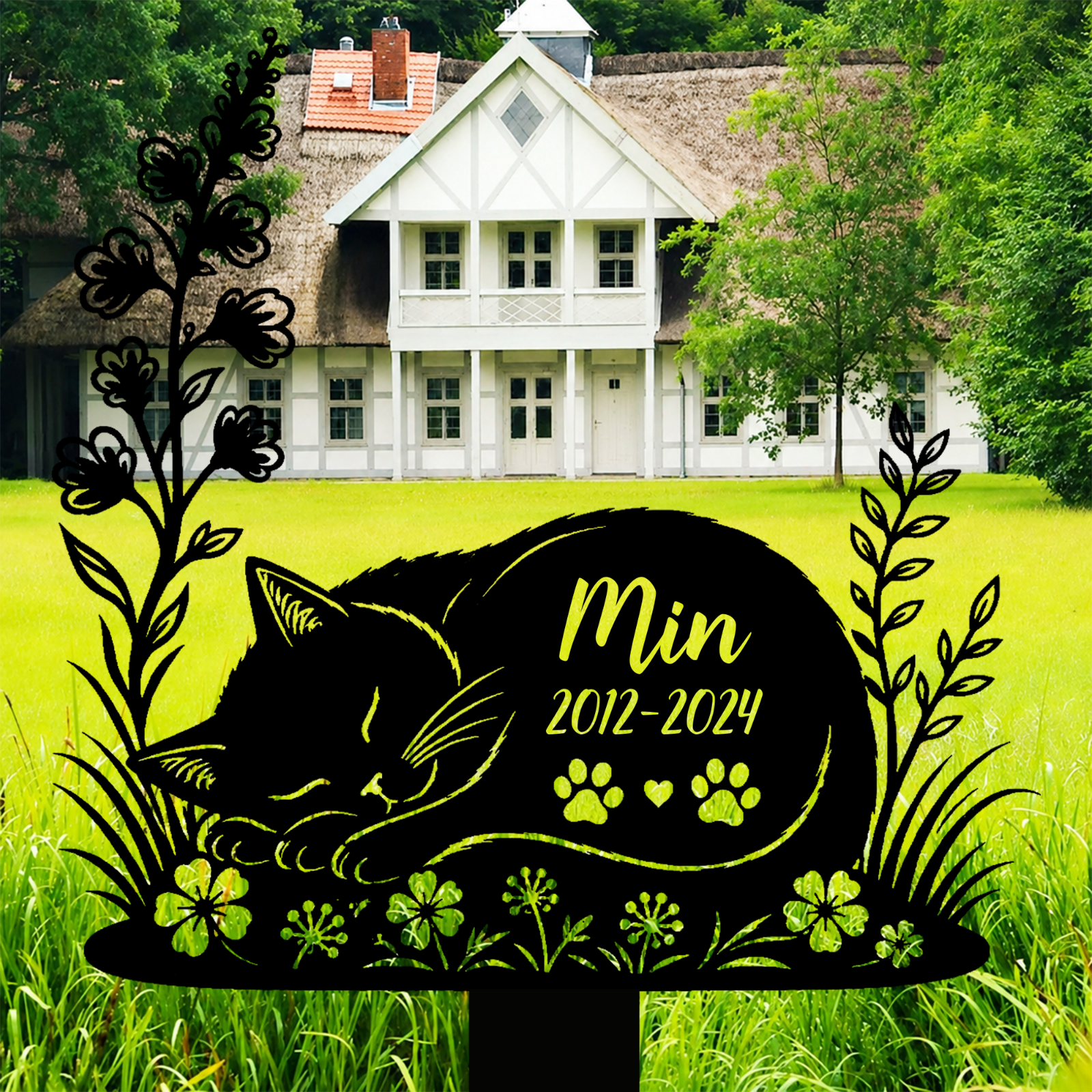 Personalized Metal Cat Grave Marker - Custom Pet Memorial Stake With Flowers 8"