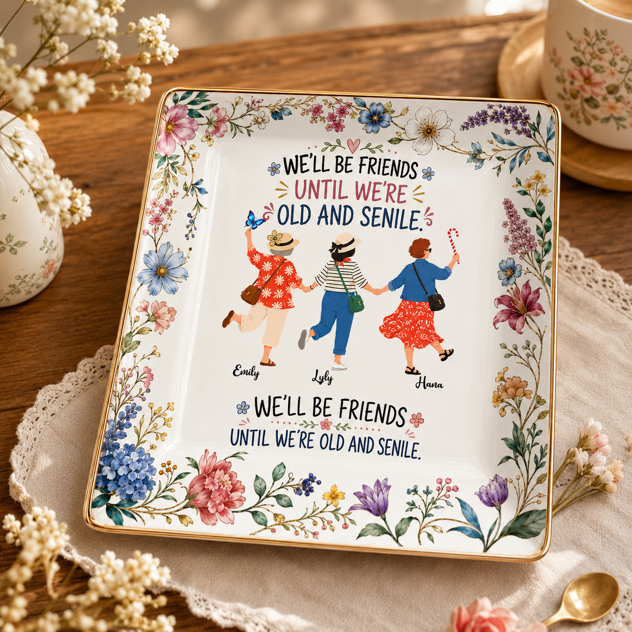 Personalized Jewelry Dish With Funny Friendship Quote, Floral Vanity Decor, Unique Gift For Best Friend