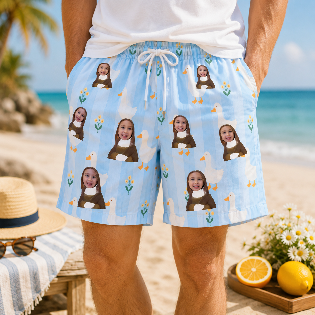 Personalized "Duck Blue Striped" Swim Shorts