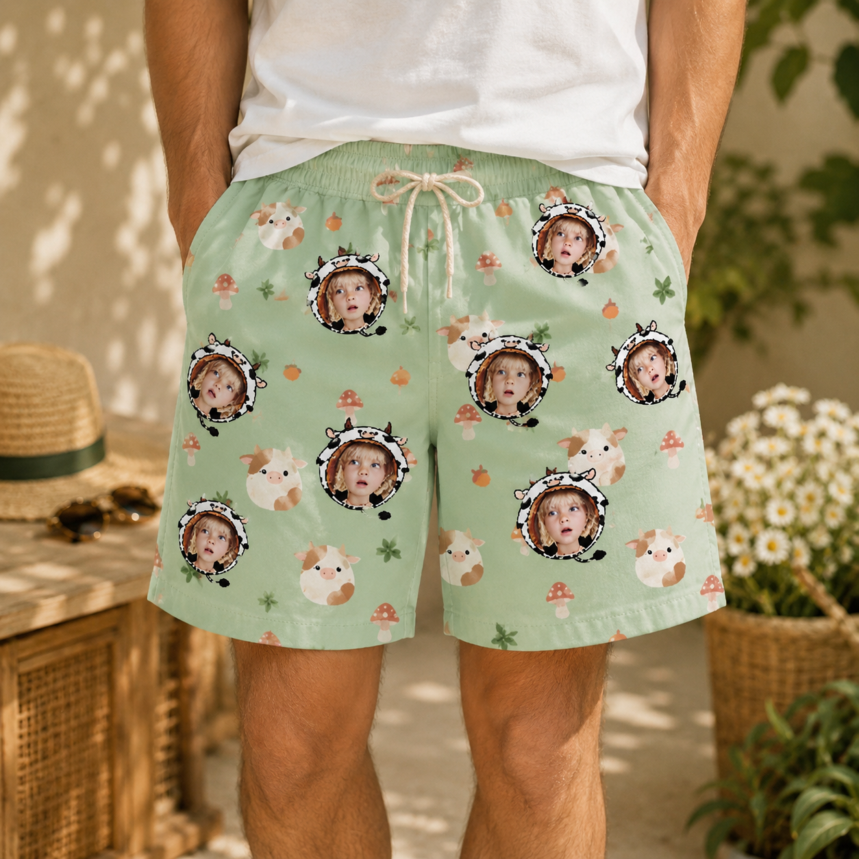 Personalized "Cute Cow Green" Swim Shorts