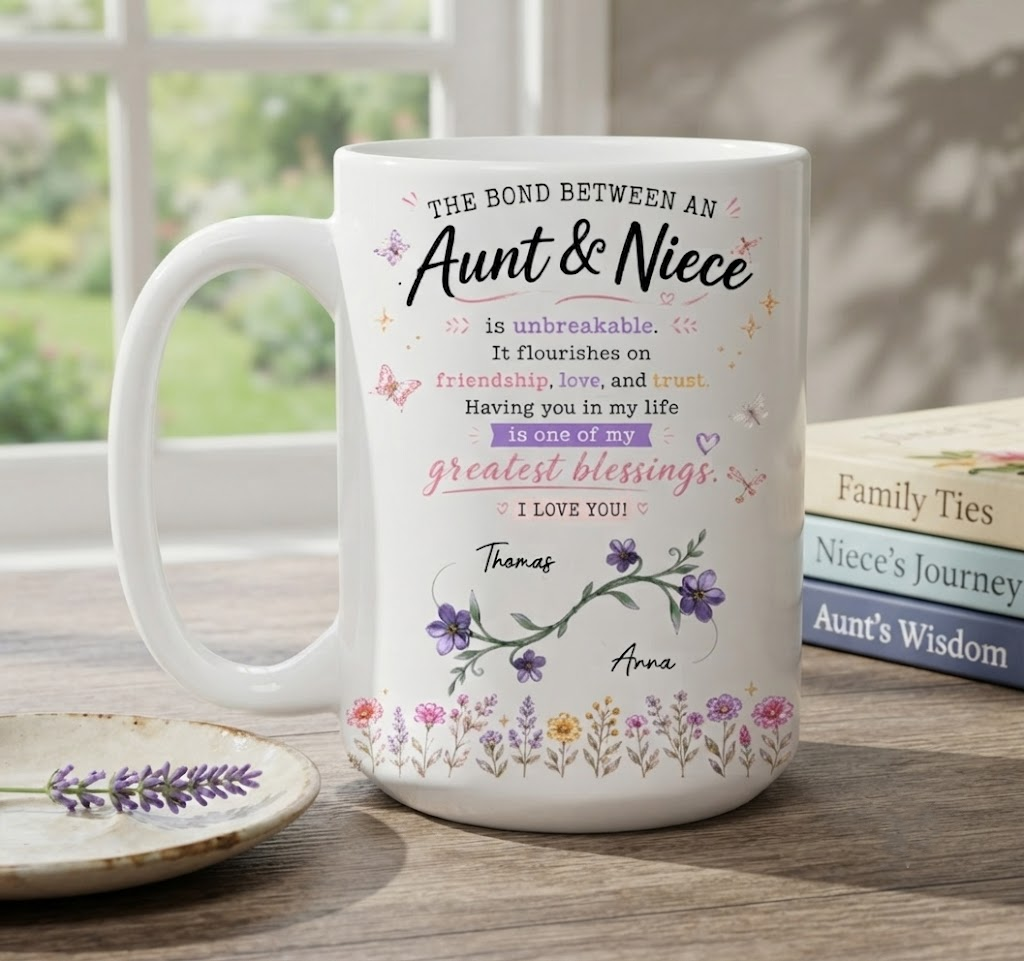 The Bond Between An Aunt & Niece, Flowers And Butterflies, Custom Accent Mug, Gift For Family