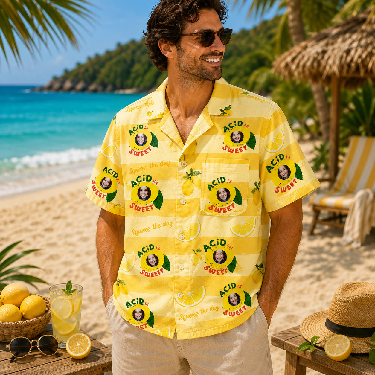 Personalized "Lemon Yellow Striped" Aloha Shirt