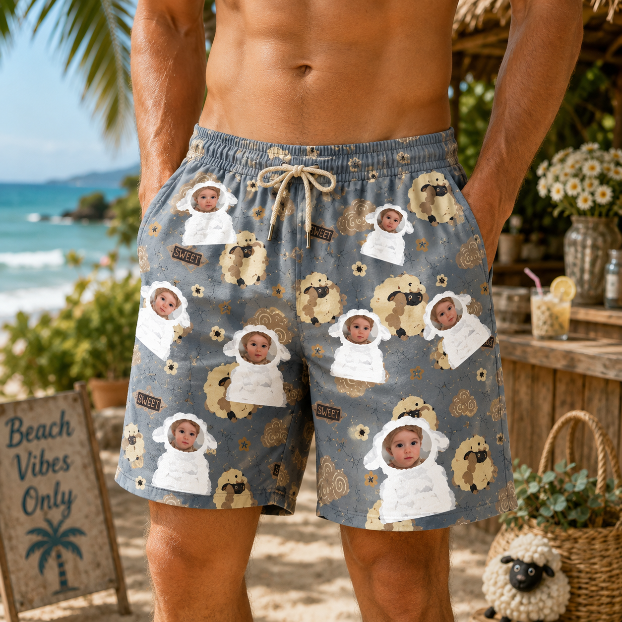 Personalized "Cute Sheep Green" Swim Shorts