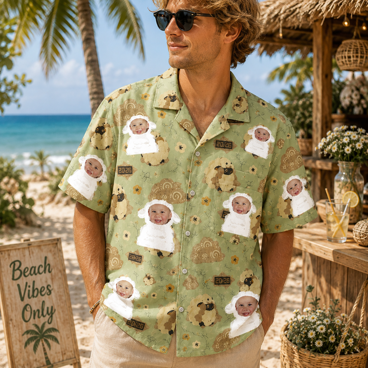 Personalized "Cute Sheep Green" Aloha Shirt