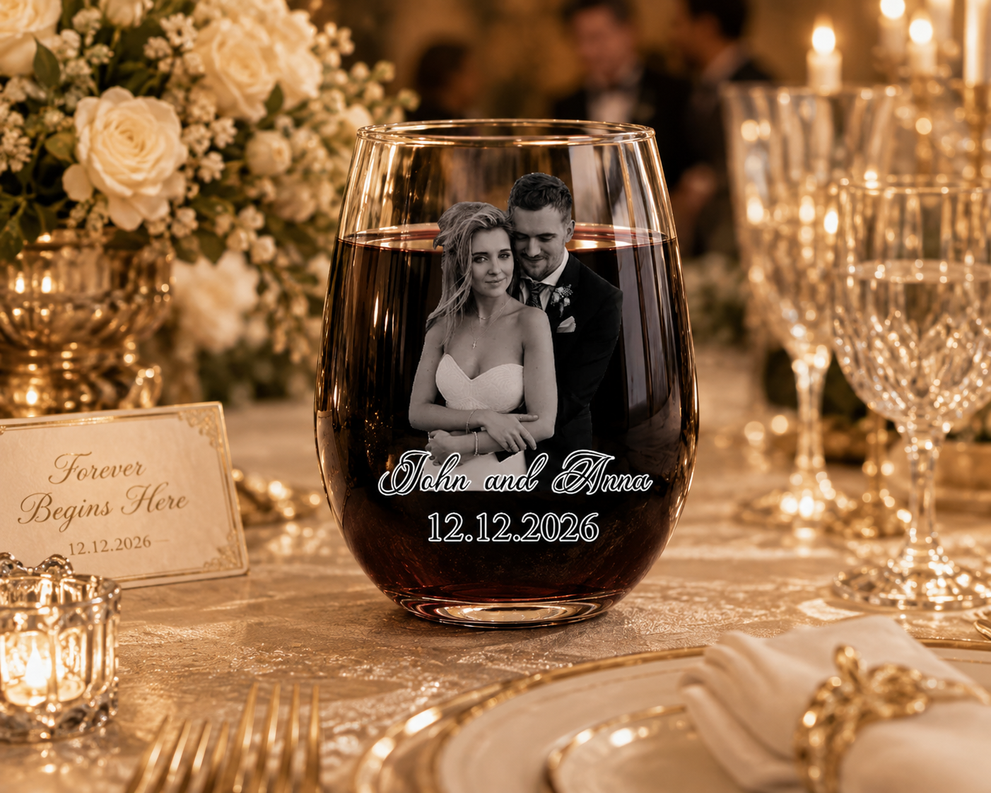 Custom Photo Couples Anniversary - Personalized Stemless Wine Glass
