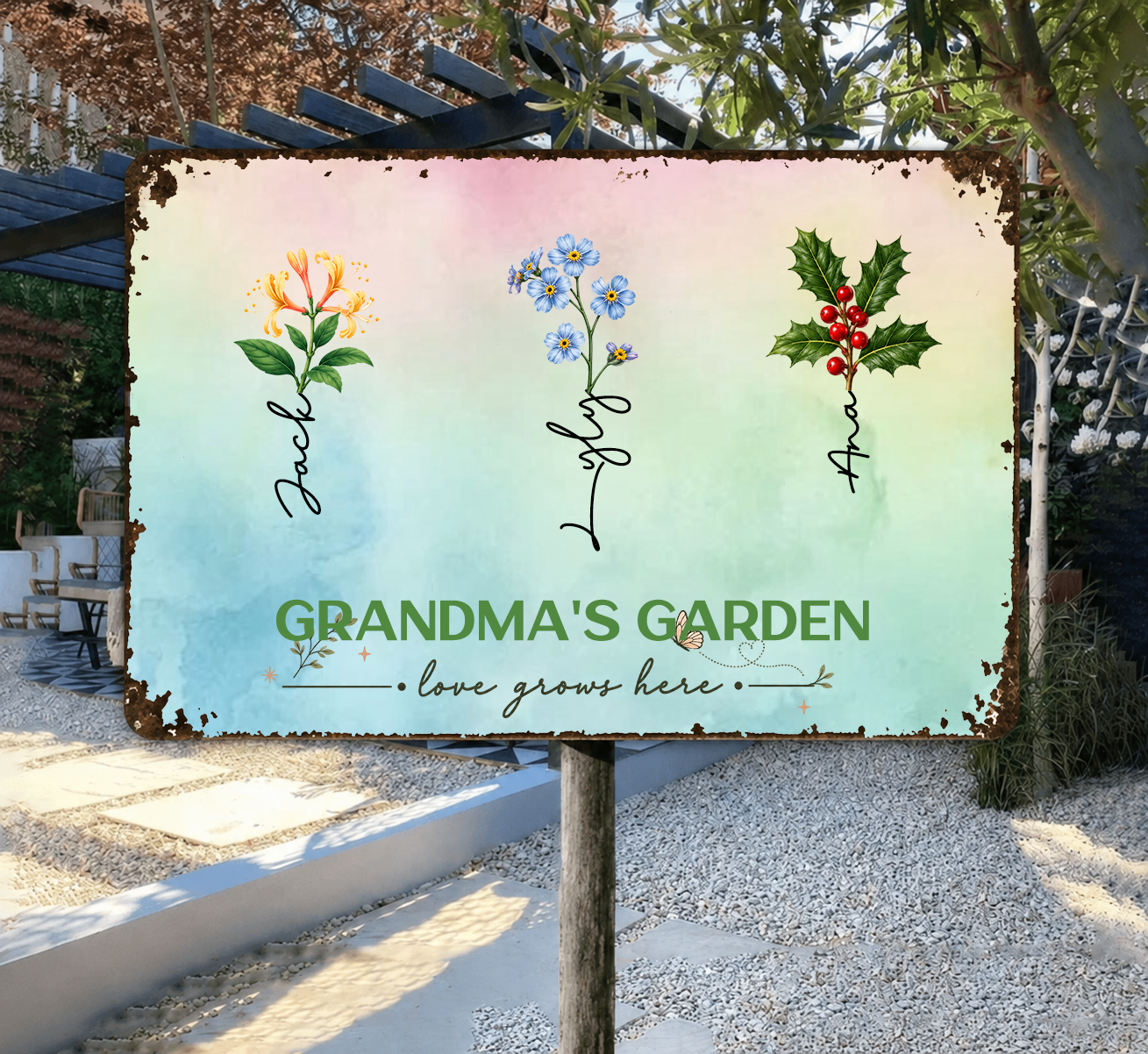 Rectangular Iron Sign – “Grandma’S Garden • Love Grows Here” Personalized Metal Plaque