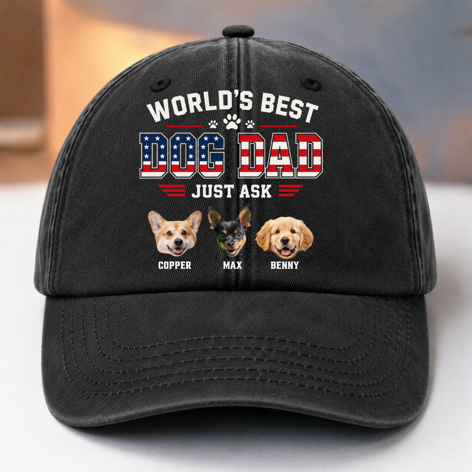 Custom Photo American Best Dog Dad Washed Denim Baseball Cap