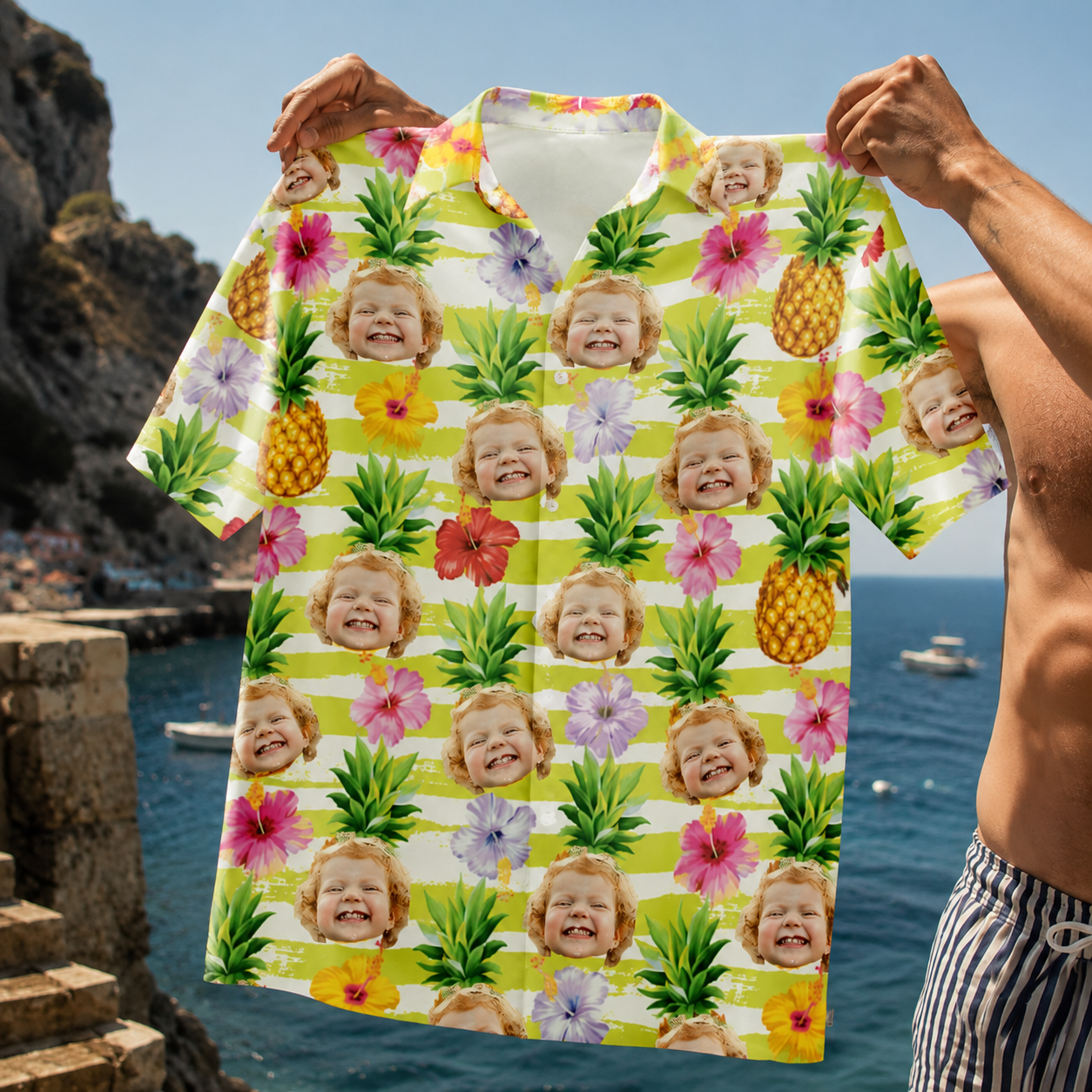 Personalized Photo Tropical Shirt, Matching Friends Aloha Shirt, Tropical Pineapple Beach Shirt For Family Vacations, Friends & Group Adventures