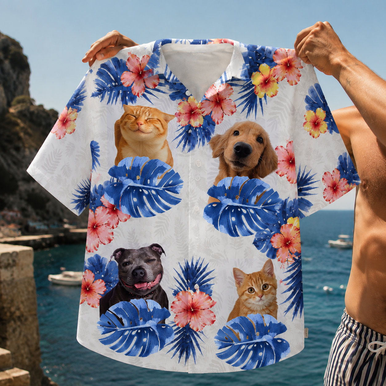 Custom Pet Photo Hawaiian Shirt, Personalized Dog And Cat Aloha Shirt, Tropical Pet Portrait Button Up, Animal Lover Vacation Gift, Pet Parent Beach Shirt