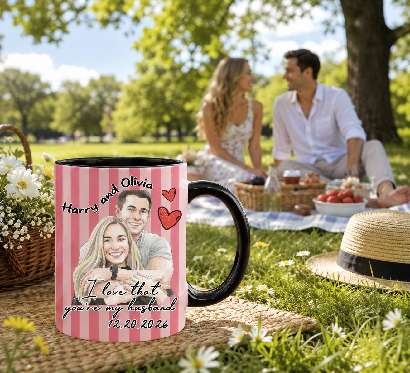 Personalized Stripe Couple Photo Mug, Custom Watercolor Picture Coffee Cup, Anniversary Gift 11oz 15oz