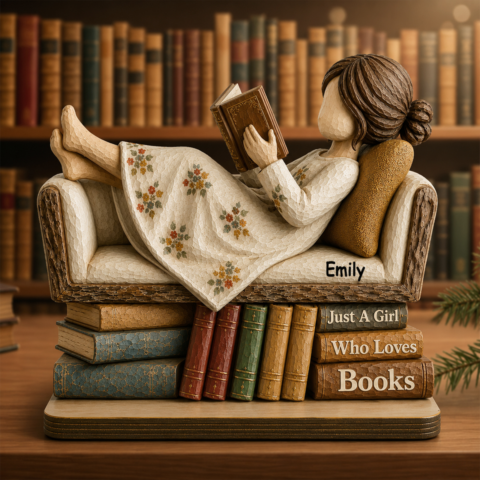 Wooden Plaque - Girl Reading On Sofa, Rustic Book Lover Decor, Personalized, Unique Gift For Daughter Or Friend