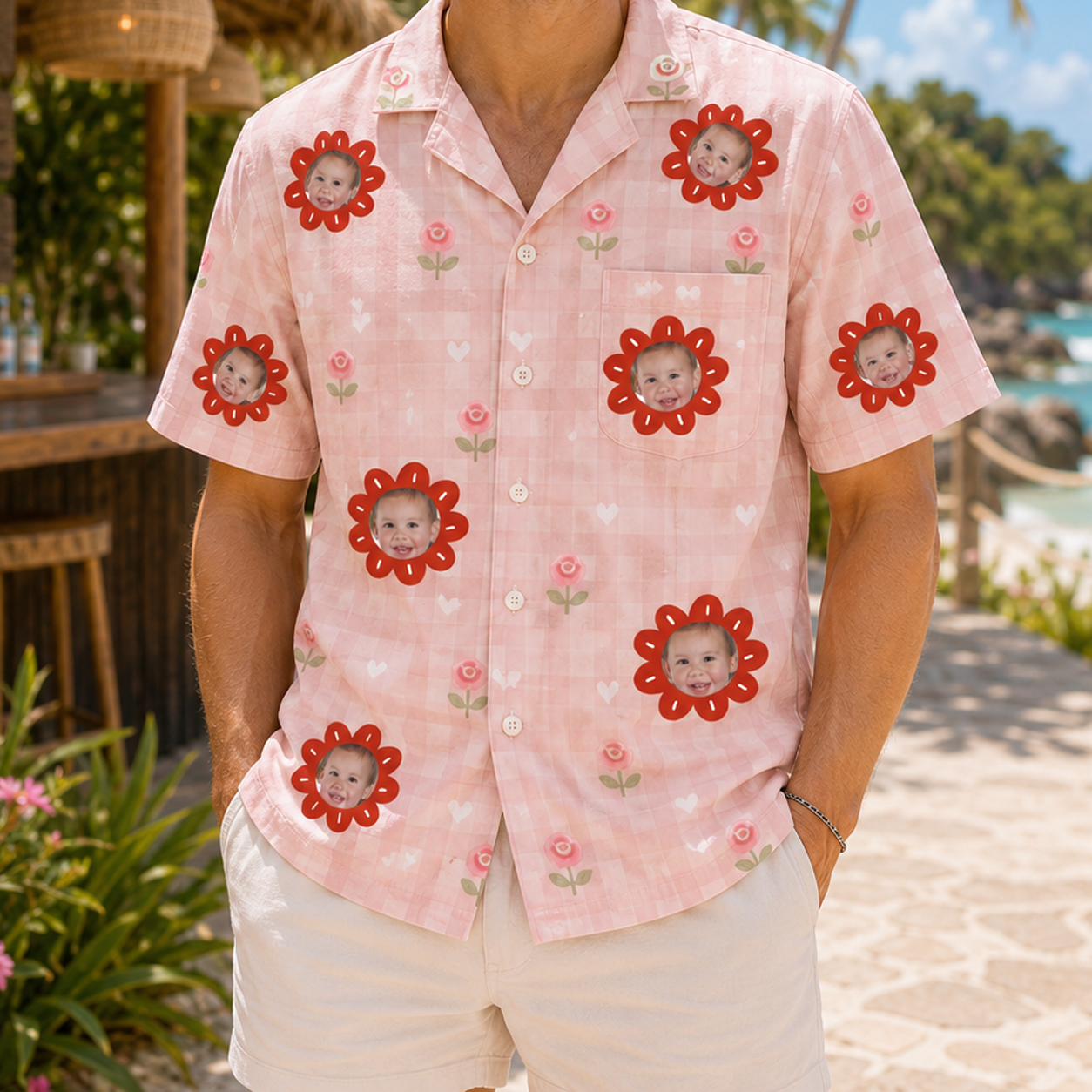 Personalized "Pink Blossom Checkered" Aloha Shirt