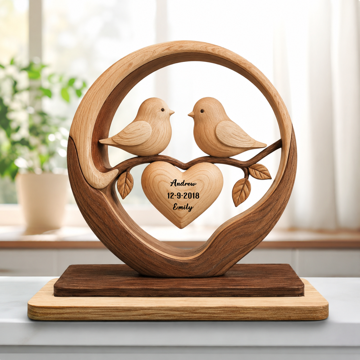 Celebrate Lasting Love, Personalized Birds In Heart Wood Plaque, Gift For Couples