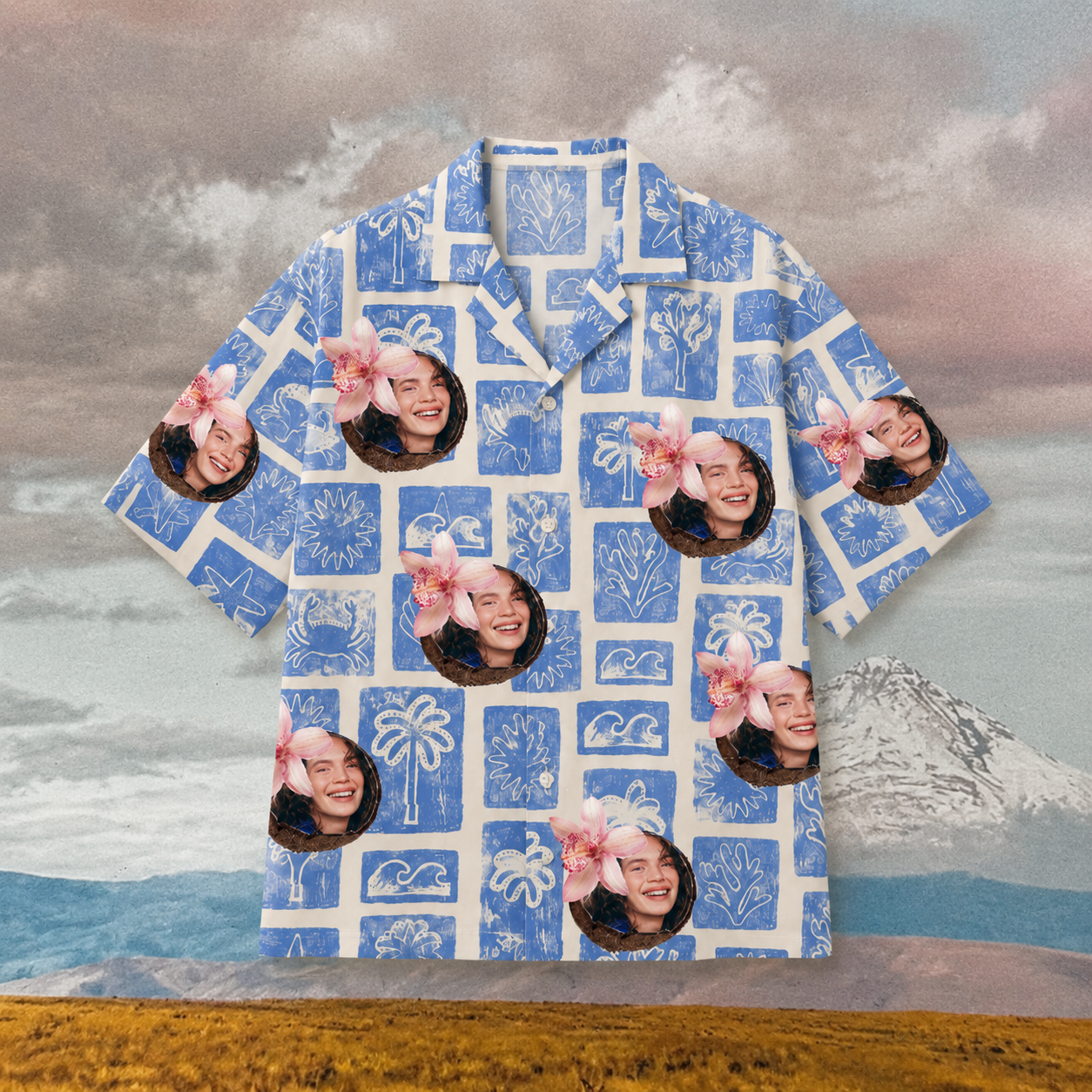 Personalized Face Hawaiian Shirt, Custom Photo Aloha Shirt, Blue Coastal Vacation Shirt, Matching Family Friends Beach Outfit, Tropical Group Trip Gift