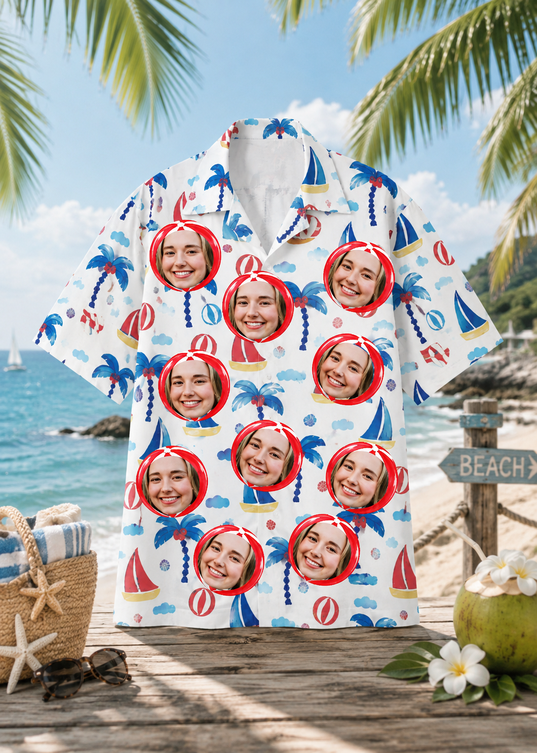 Personalized Custom Face Hawaiian Shirt Sailboat Beach Summer Vacation Gift