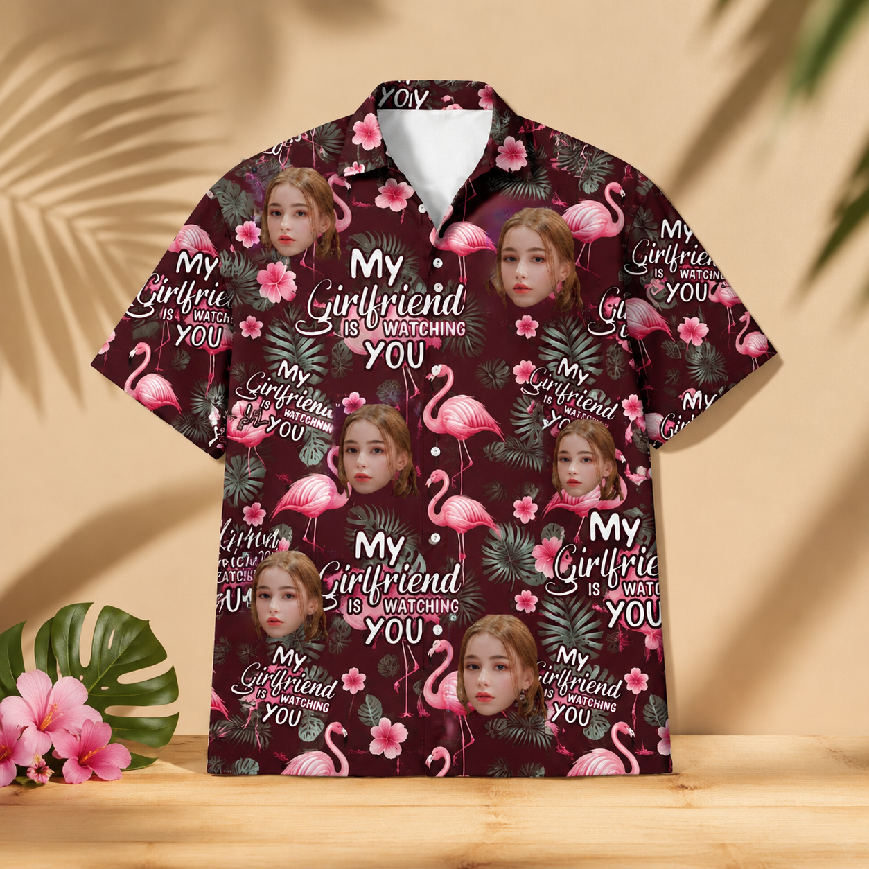 Personalized My Wife Is Watching You Shirt, Custom Face Hawaiian Shirt, Tropical Flamingo Vacation Shirt