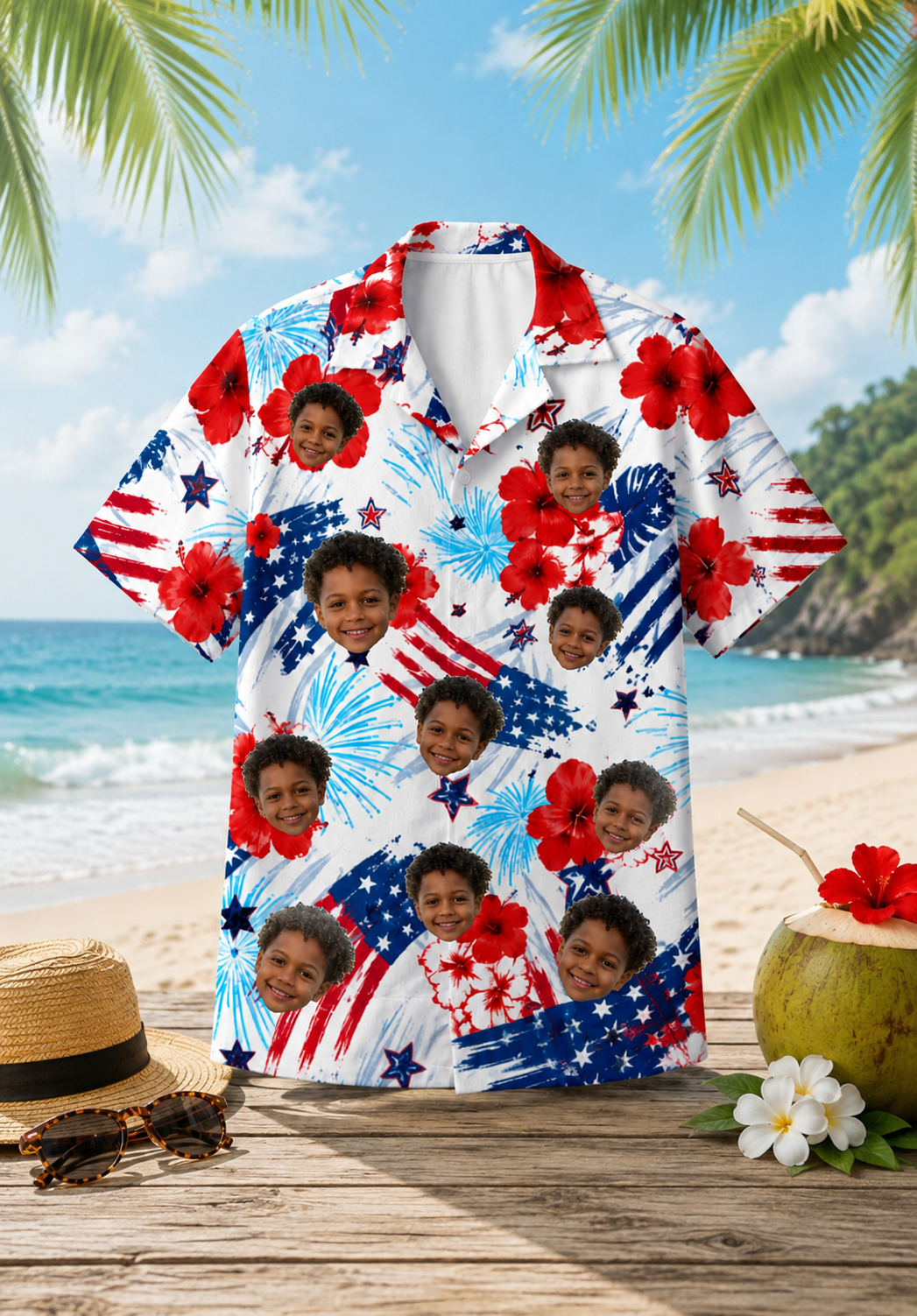 Personalized Custom Face Hawaiian Shirt Patriotic Floral Summer Vacation Gift