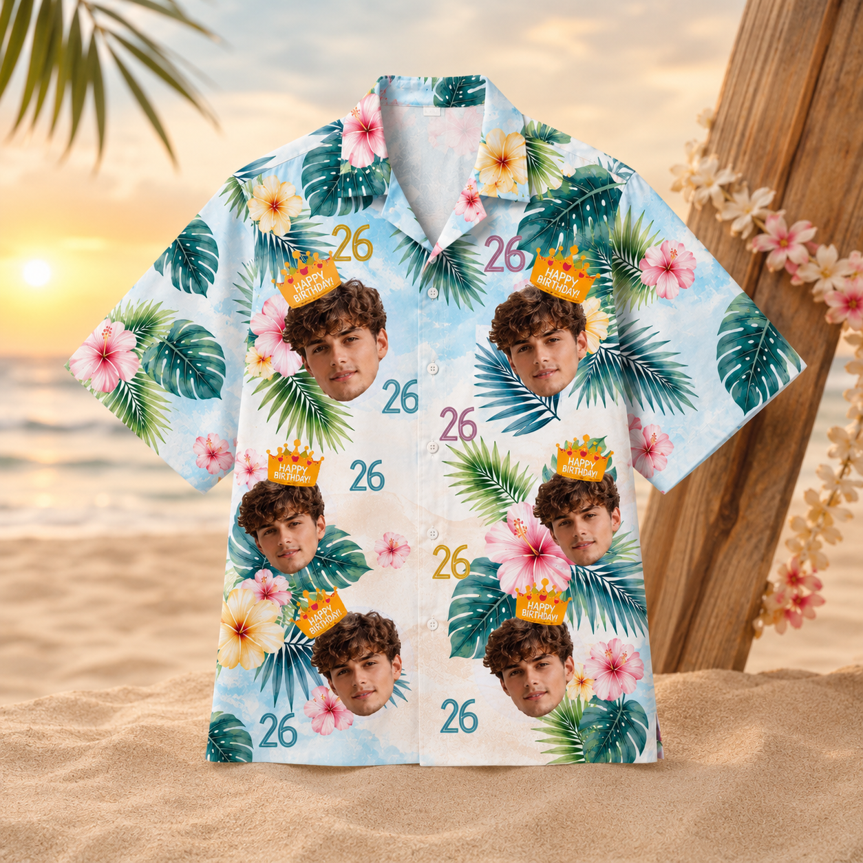 Tropical Palm Leaf Design Custom Birthday Hawaiian Shirt - Face Photo And Age Personalized Shirt