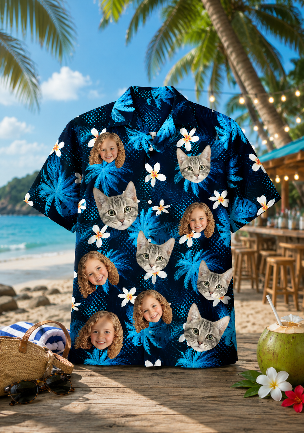 Custom Face Aloha Hawaiian Shirt Blue Island Flower Human Dog Cat Vacation Gift