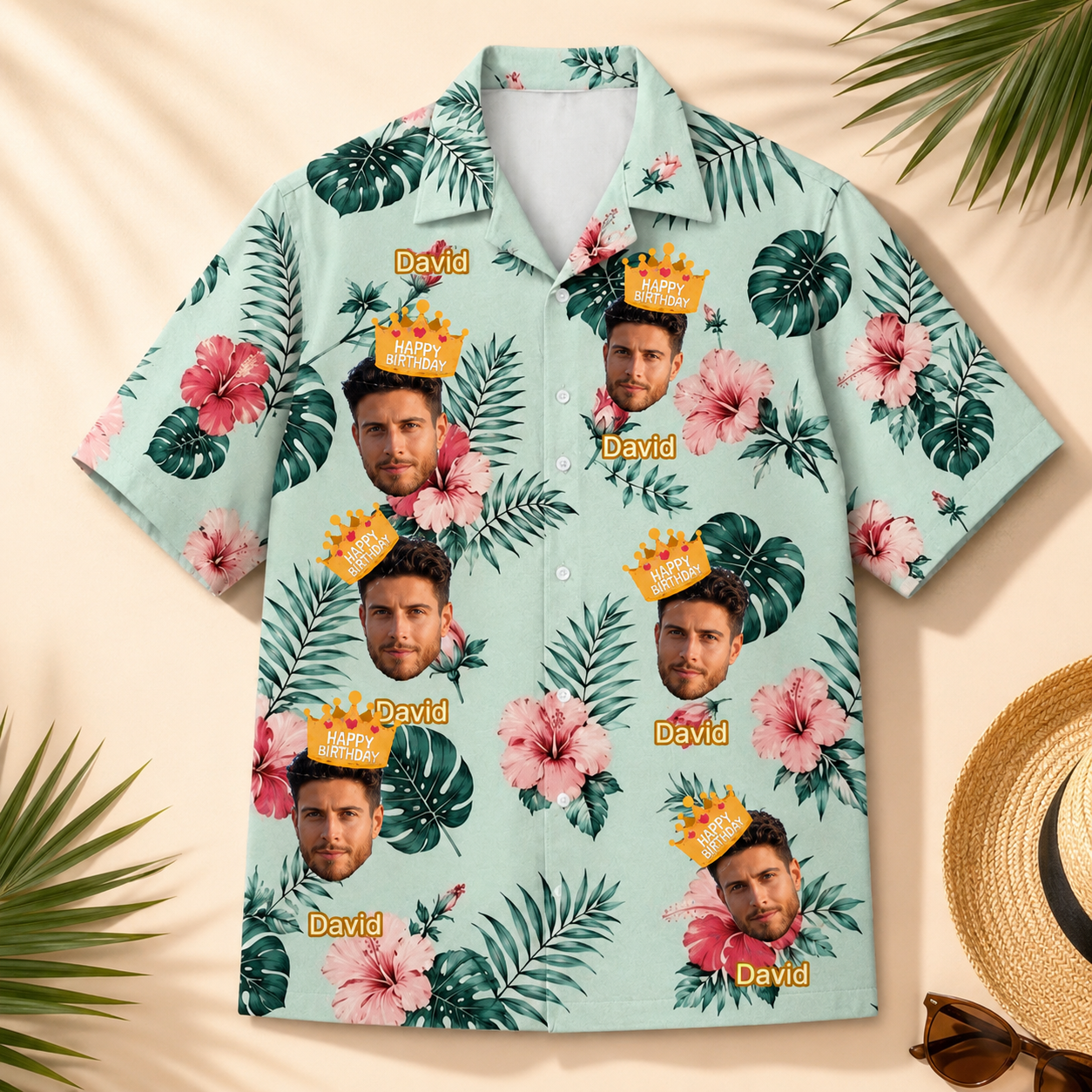 Tropical Hibiscus And Palm Leaf Hawaiian Shirt - Personalized Face Birthday And Name Hawaiian Shirt