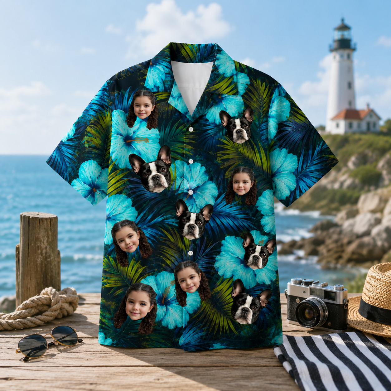 Personalized Custom Face Hawaiian Shirt Blue Hibiscus Human Pet Tropical Vacation Gift