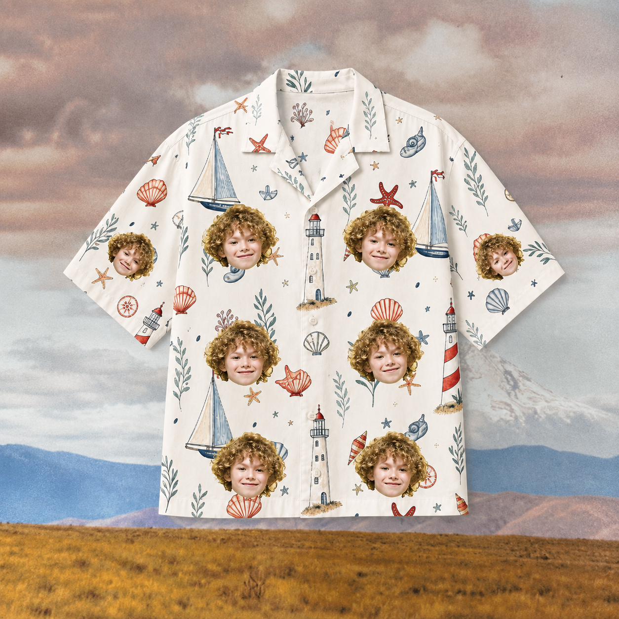 Personalized Nautical Photo Aloha Shirt, Family Friends Beach Vacation Shirt, Lighthouse Sailboat Coastal Group Gift