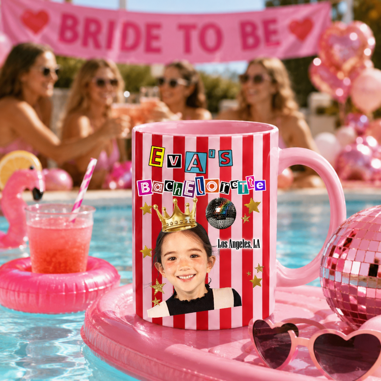 Custom Photo Bachelorette Coffee Mug With Chic Stripes, Personalized Bride Name & Location Disco Party Gift, 11oz & 15oz Ceramic Cup