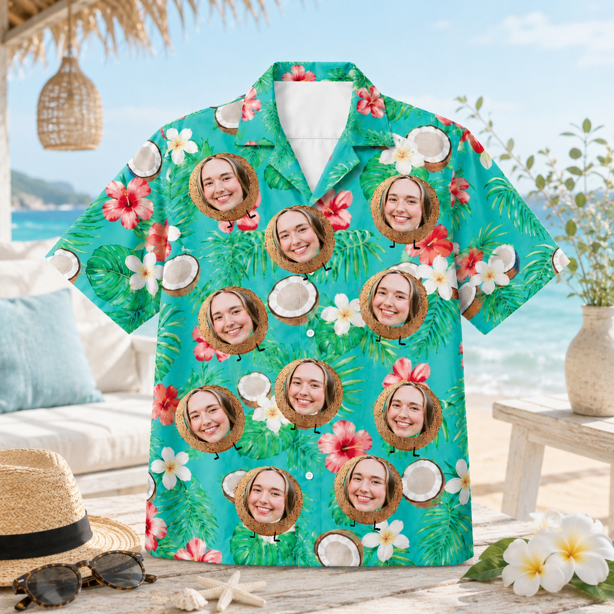 Personalized Custom Face Hawaiian Shirt Coconut Floral Tropical Beach Vacation Gift