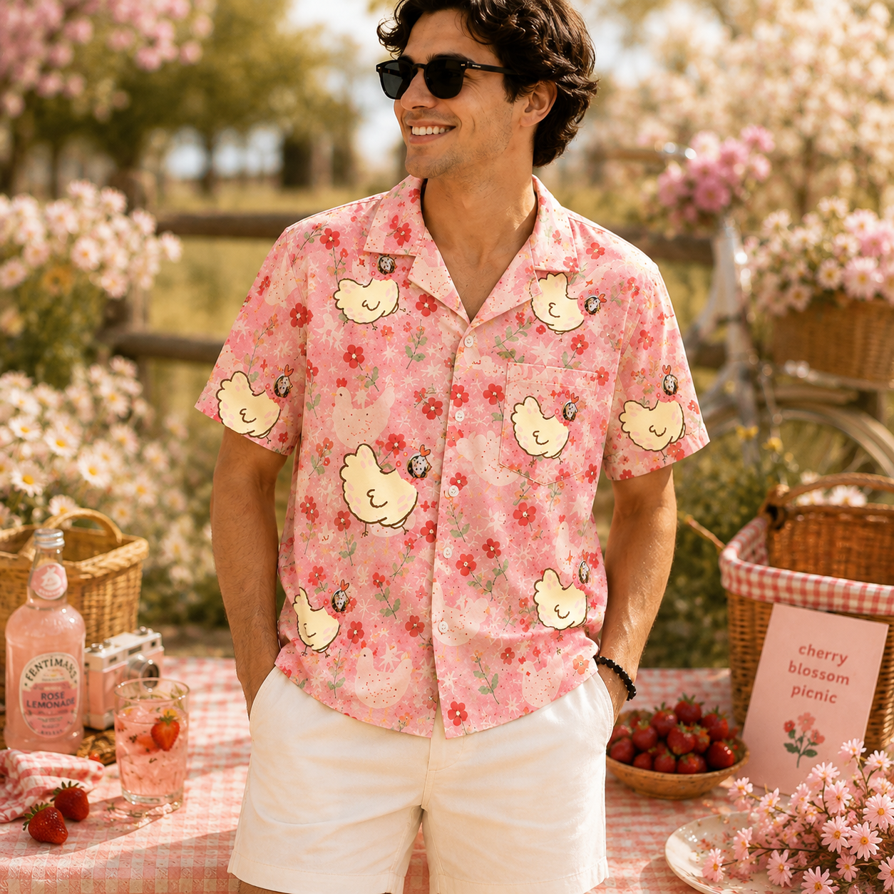 Personalized "Floral Chickens Pink" Aloha Shirt