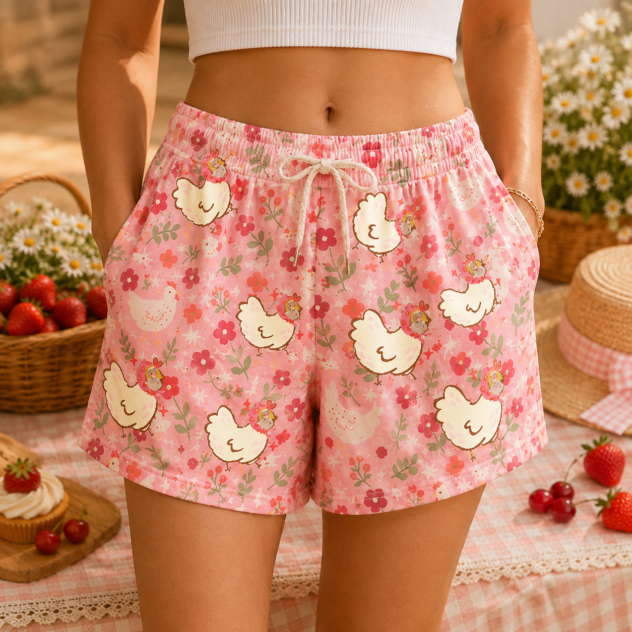 Women'S "Floral Chickens Pink" Casual Lounge Shorts