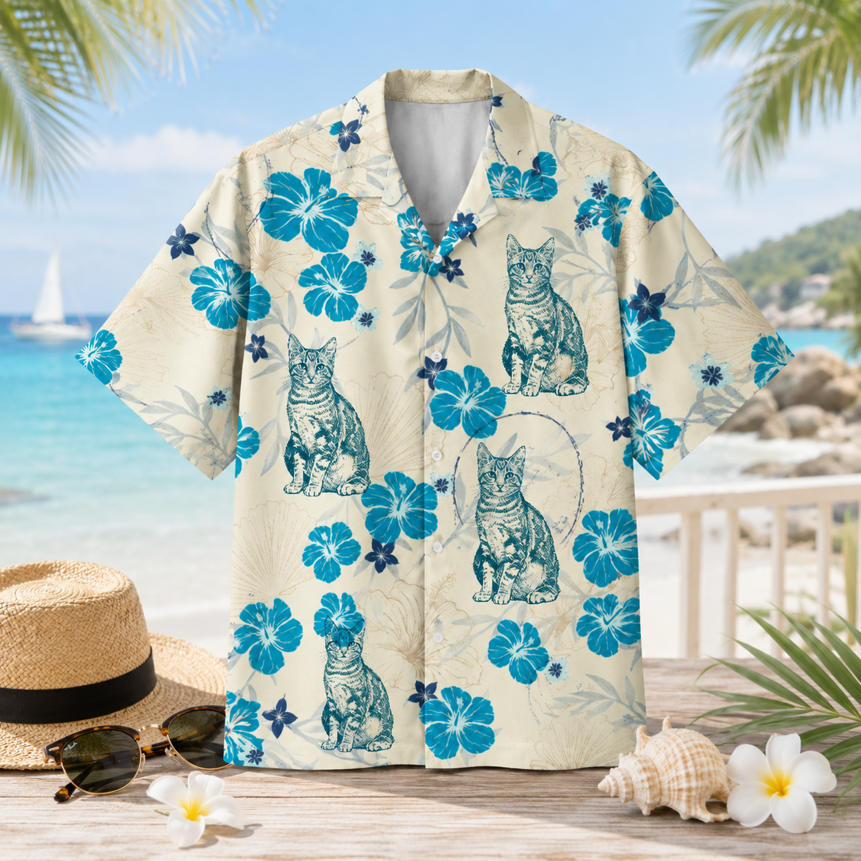 Personalized Custom Pet Hawaiian Shirt Cat Portrait Tropical Floral Vacation Gift
