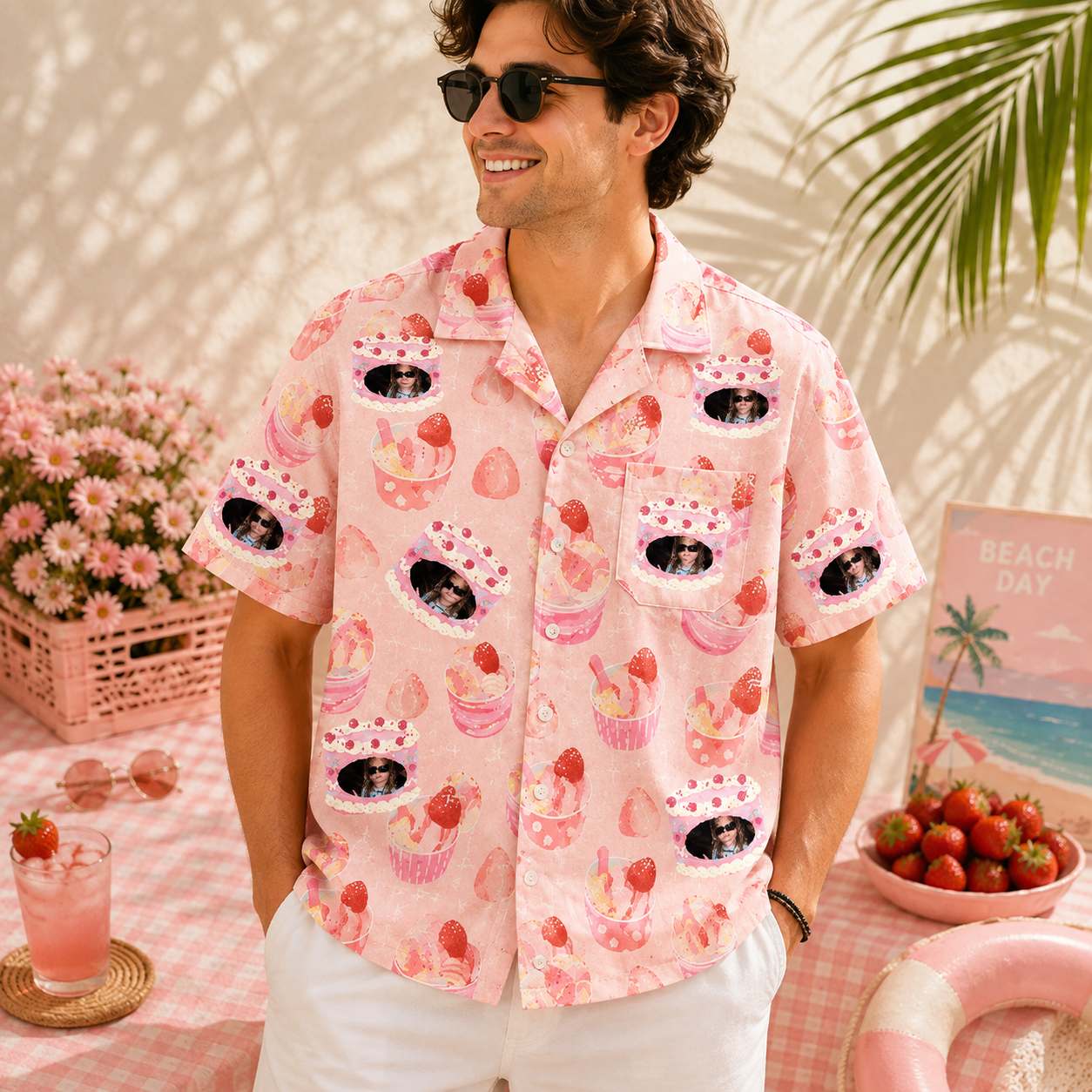 Personalized "Strawberry Cake Pink" Aloha Shirt