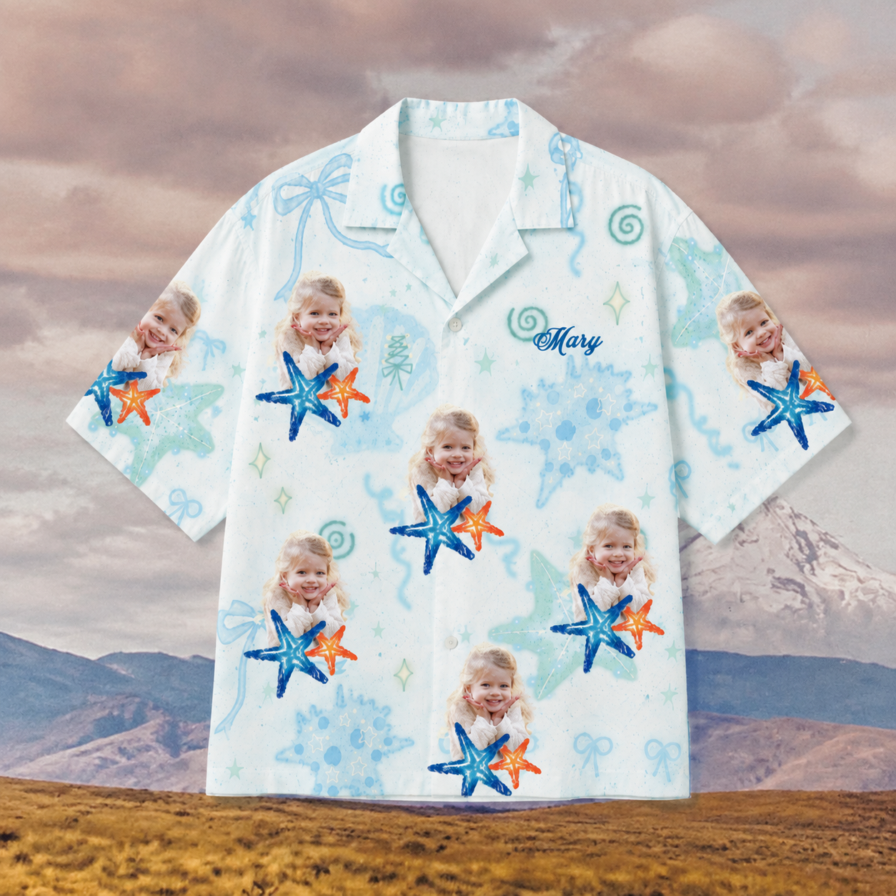 Custom Face And Name Hawaiian Shirt, Personalized Ocean Aloha Shirt, Starfish Beach Vacation Shirt, Family Friends Group Outfit, Coastal Photo Gift