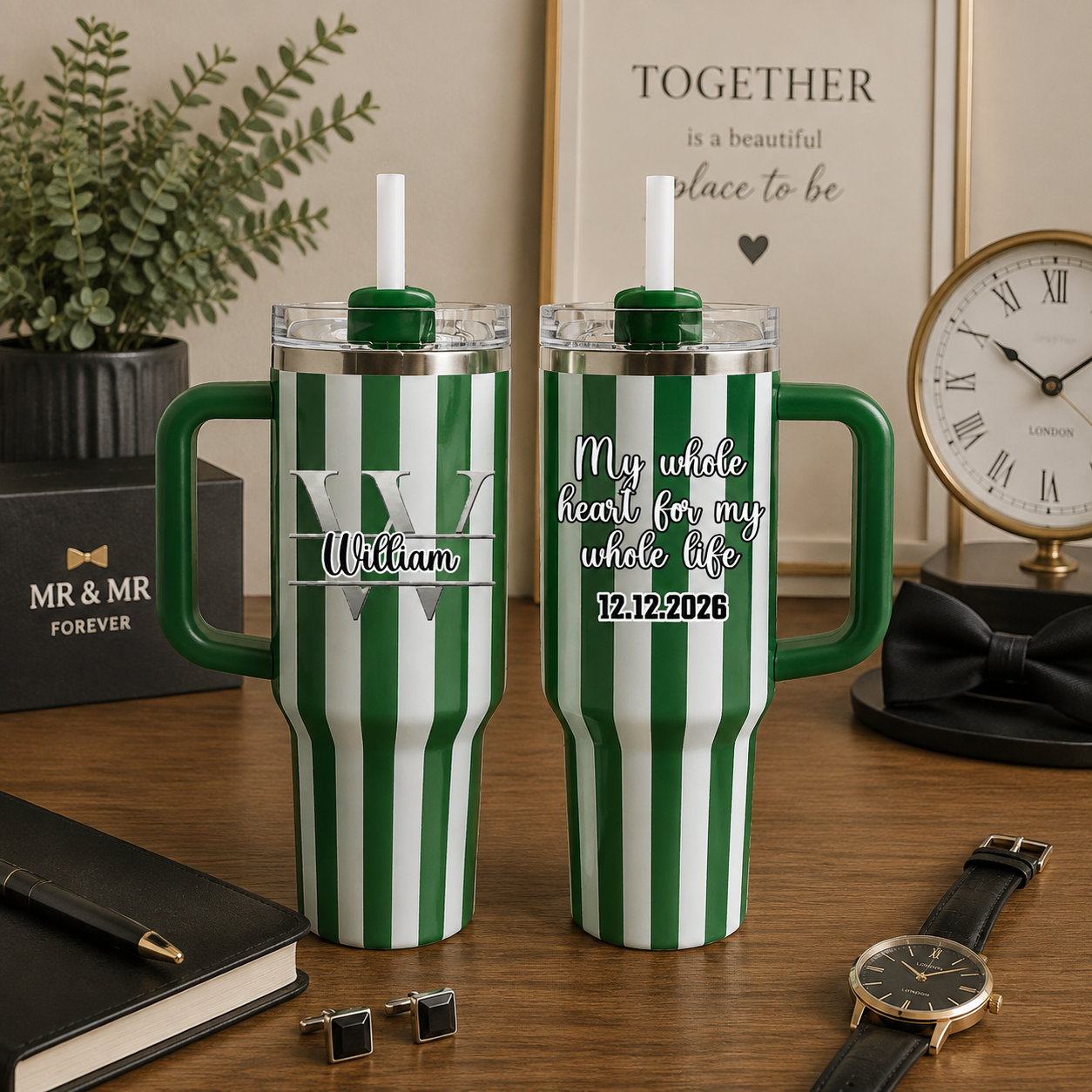 Personalized Striped "My Whole Heart For My Whole Life" & Split Monogram 40oz Tumbler | Custom Groomsmen & Wedding Travel Tumbler