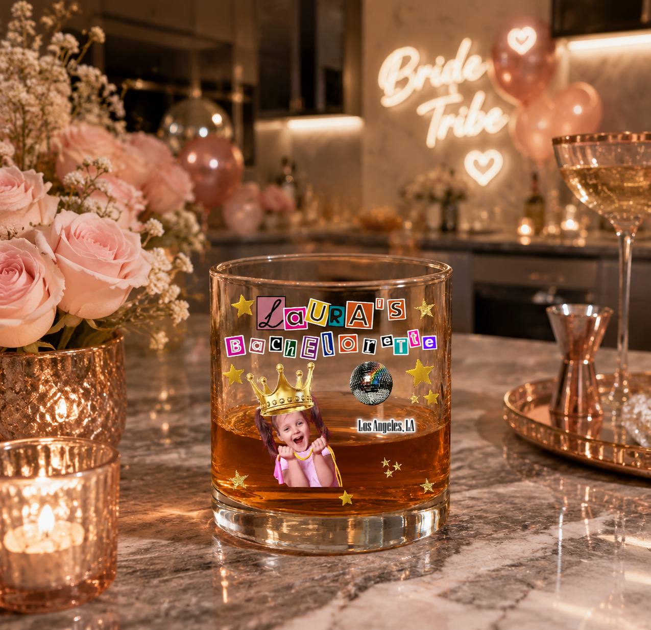 Personalized Ransom Style Bride Era Bachelorette Whiskey Glass, Custom Photo & Location Disco Bachelorette Old Fashioned Glass