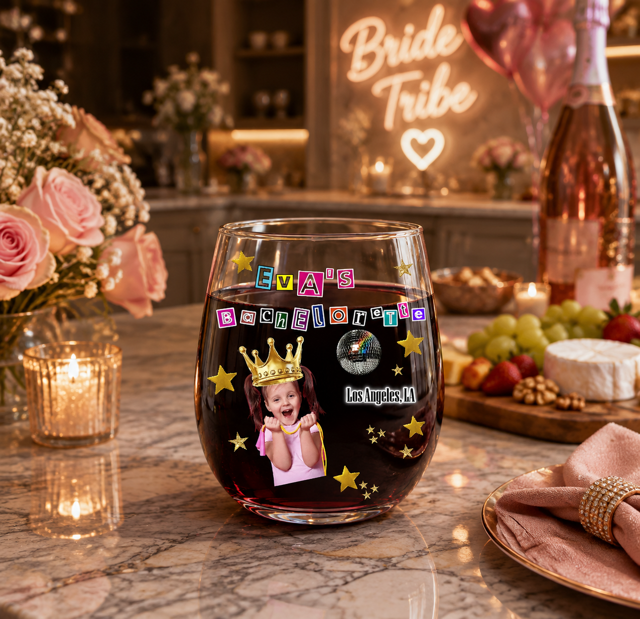 Personalized Ransom Style Bride Era Bachelorette Uv Printed Eggshell Glass Cup, Custom Photo & Location Stemless Wine Glass