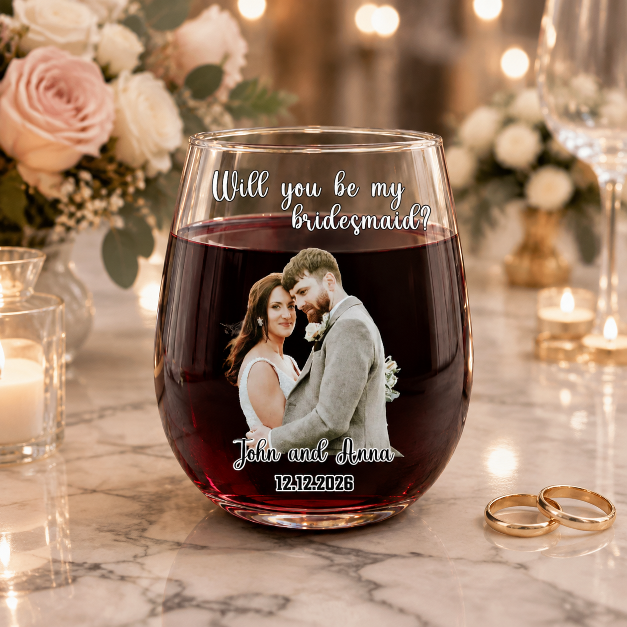 Personalized "Will You Be My Bridesmaid?" & Custom Photo Uv Printed Eggshell Glass Cup, Bridesmaid Proposal & Stemless Wine Glass Keepsake