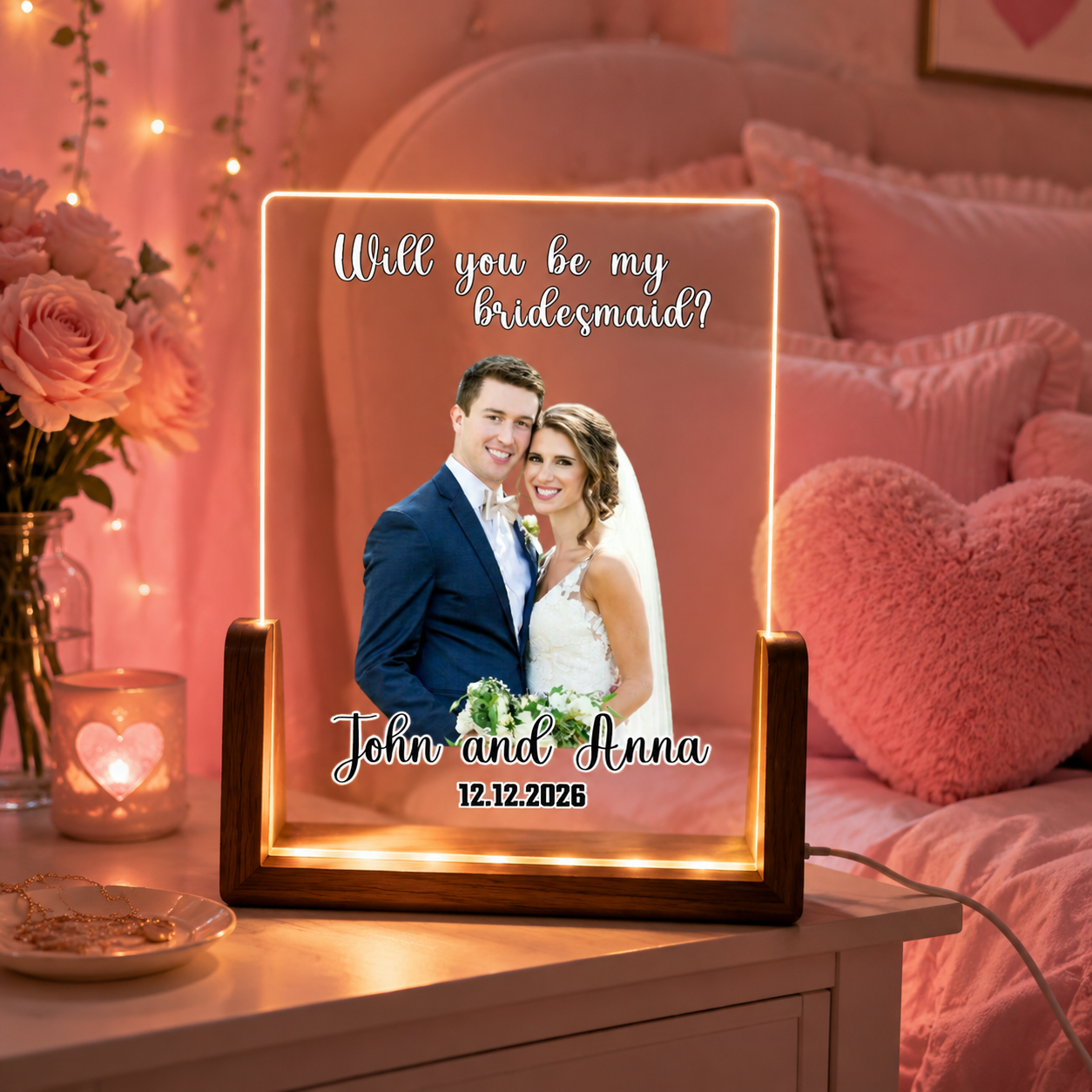 Personalized "Will You Be My Bridesmaid?" & Custom Photo Acrylic Night Light, Bridesmaid Proposal & Wedding Led Lamp Decor