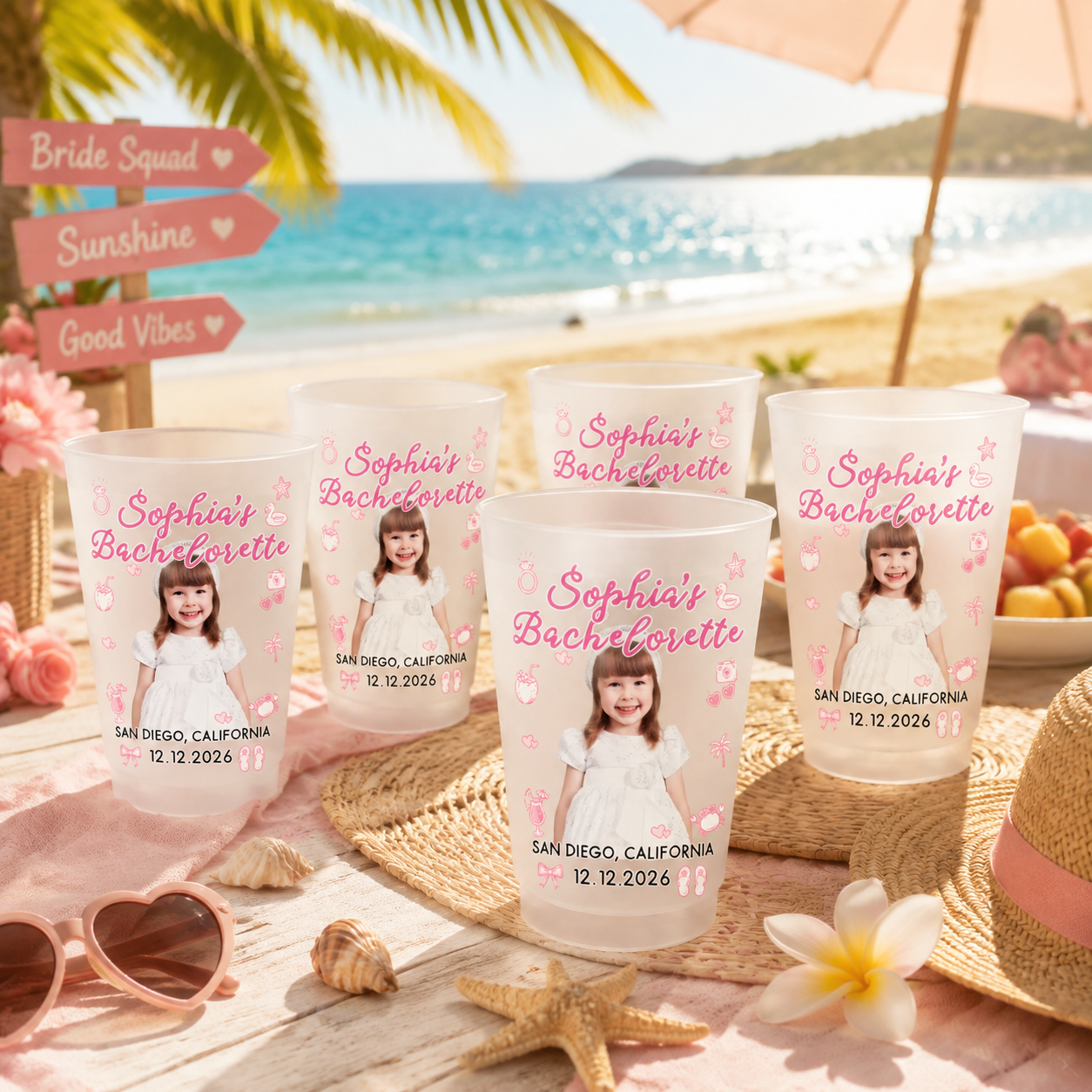 Personalized Bachelorette Party Frosted Cup, Custom Photo & Beach Theme Bachelorette Cup, Coastal Bridal Shower Drinkware